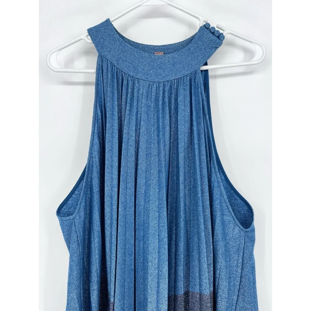 Free‎ People Women's Pleated Love Metallic Mini Dress, Blue, XS Babydoll Style